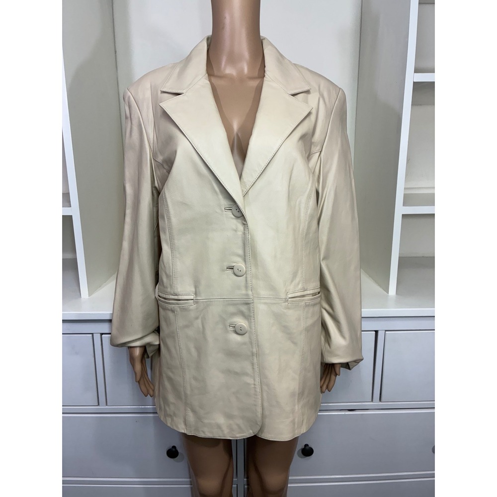 Pamela McCoy Cream Beige Genuine Leather Blazer Jacket Size L 3 Button Lined - Picture 6 of 14